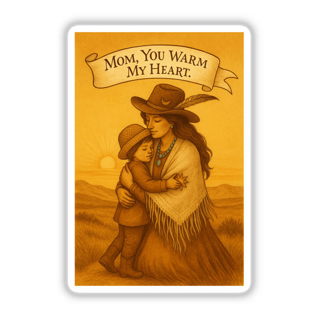 Boho Mystical Western Mother’s Day Sticker and Clipart titled Golden Horizon Hug featuring a woman and child embracing in a stylized, artistic illustration available as stickers or digital artwork.