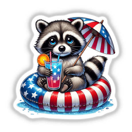Cartoon raccoon on an inflatable tube with an umbrella and drink, titled Raccoon American Flag Float Patriotic Summer, available as stickers or digital artwork.