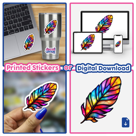 Feather Stained Glass Style laptop sticker, showcasing a vibrant feather design, available as a sticker or digital artwork. Perfect for personalizing laptops, phones, or digital screens from Decal Venue.