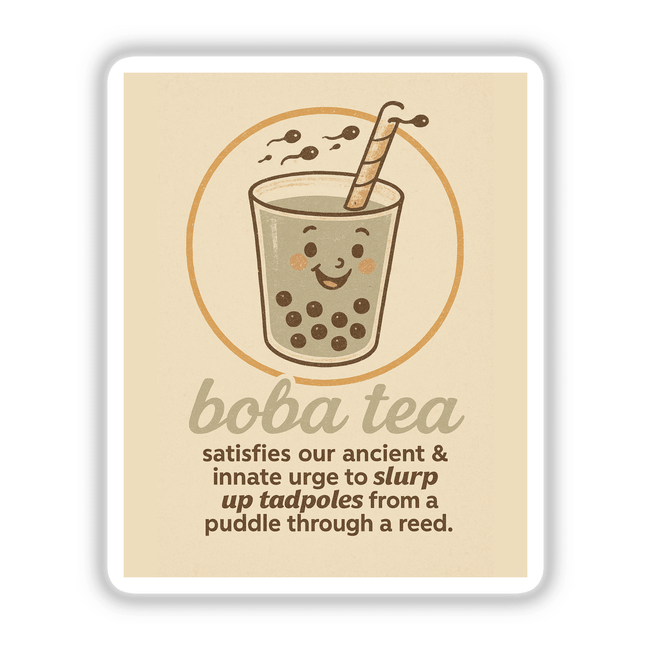 Funny Boba Tea Sticker or Clipart with Commercial Rights: A humorous cartoon bubble tea character with a smiling face, ideal for stickers or digital art from Decal Venue.