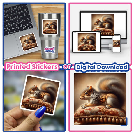 Resting Squirrel on Velvet Cushion sticker or digital artwork featuring a squirrel lounging on a plush pillow, perfect for adding a unique touch to any space.
