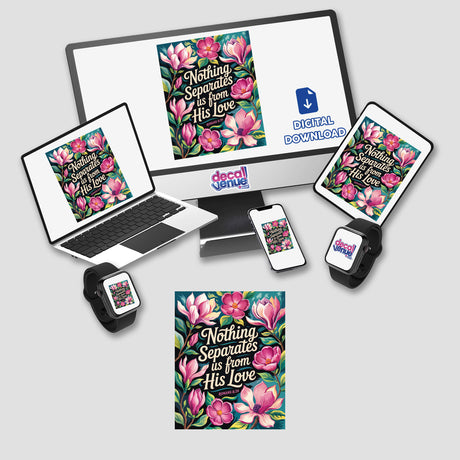 Fauvist Spring Azalea “Nothing Separates Us From His Love” Romans 8:39 Sticker or Clipart, showcasing floral designs on a computer screen and laptop, available at Decal Venue.