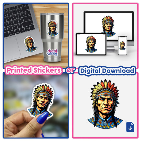 Collage featuring A Native American Warrior Chief as stickers and digital artwork, highlighting the unique vinyl sticker of a man in a feathered headdress, suitable for laptops or cups.