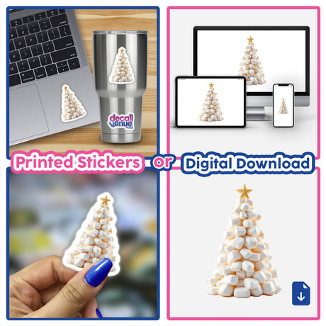 Marshmallow Christmas Tree sticker displayed on a laptop, featuring a whimsical design of marshmallows stacked like a tree, embodying Decal Venue's unique approach to stickers and digital art.