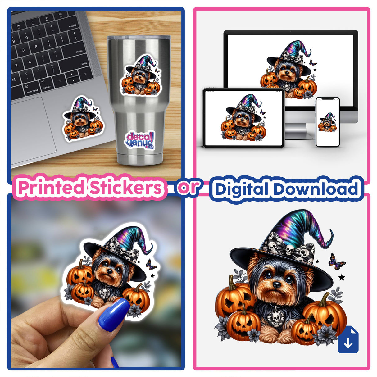 Halloween Yorkie Dog with Pumpkins - Decorative digital artwork featuring a playful Yorkshire Terrier dog surrounded by colorful autumn pumpkins and Halloween-themed elements.