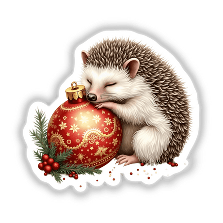Hedgehog Sleeping on Christmas Ornament design, featuring a cozy hedgehog embracing a festive ornament, ideal for stickers or digital art from Decal Venue. Perfect for adding whimsy to holiday projects.