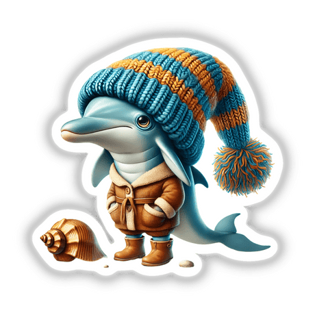 Dolphin Gnome with Seashell: A whimsical cartoon dolphin wearing a hat and boots, holding a seashell, available as stickers or digital artwork.