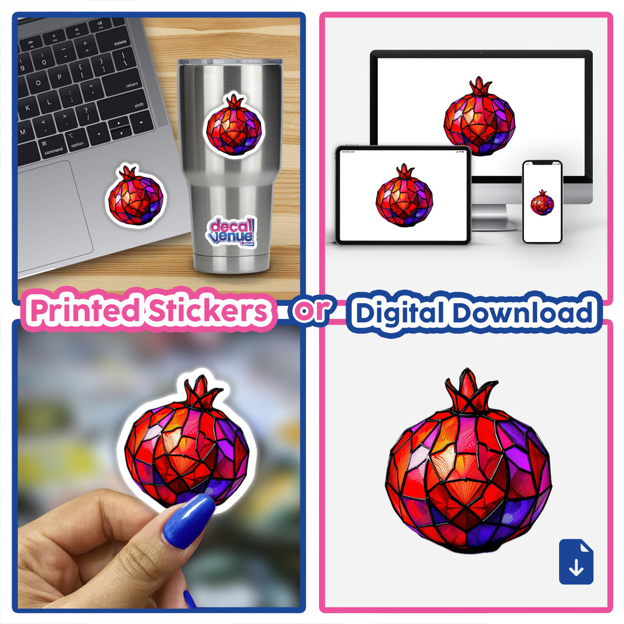 Pomegranate Stained Glass Style sticker on a laptop, featuring a hand holding a colorful glass object, reflecting Decal Venue's unique sticker and digital art offerings.
