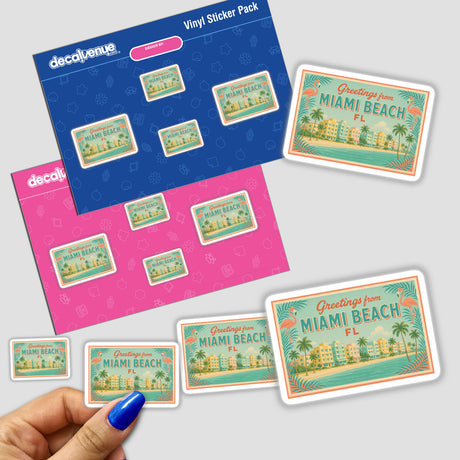 Greetings from Miami Beach Postcard Sticker or Clipart features retro Art Deco design, available as a sticker or digital artwork with commercial rights, embodying Decal Venue's unique vinyl and digital art offerings.