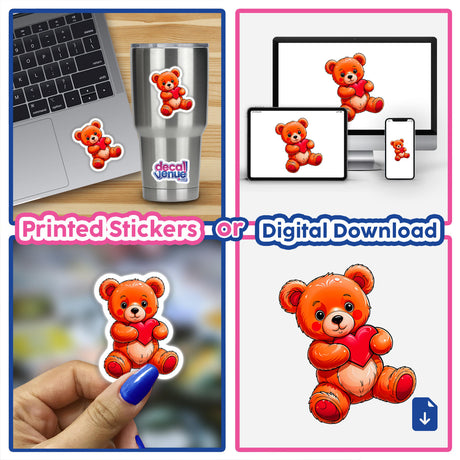 Cute Valentine's Day Teddy Bear stickers are displayed on a laptop and cup, featuring a cartoon bear holding a heart. Available as stickers or digital artwork from Decal Venue.