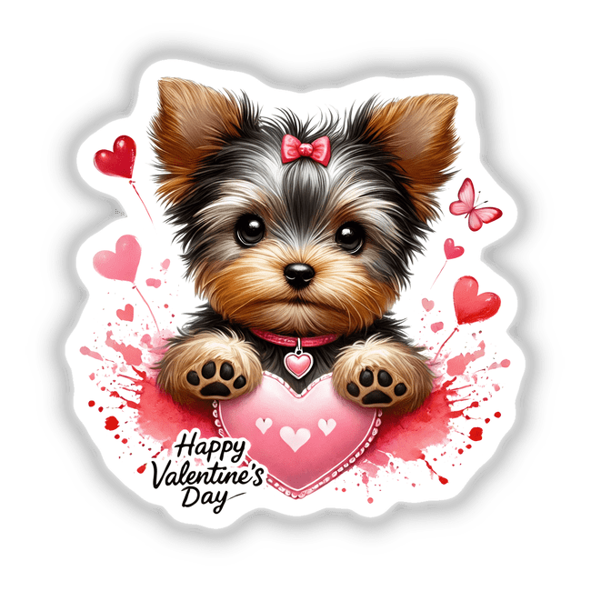 Yorkshire Terrier with bow holding a pink heart, surrounded by splattered hearts, representing the Valentines Day Yorkie Dog Splatter Hearts collection. Ideal for stickers or digital art.