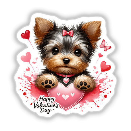 Yorkshire Terrier with bow holding a pink heart, surrounded by splattered hearts, representing the Valentines Day Yorkie Dog Splatter Hearts collection. Ideal for stickers or digital art.