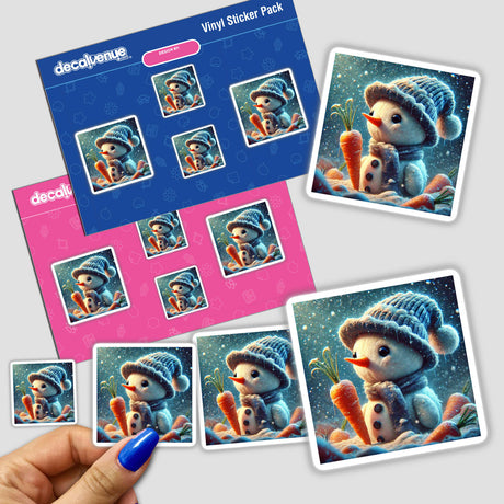a hand holding a sticker with a picture of a snowman holding a carrot