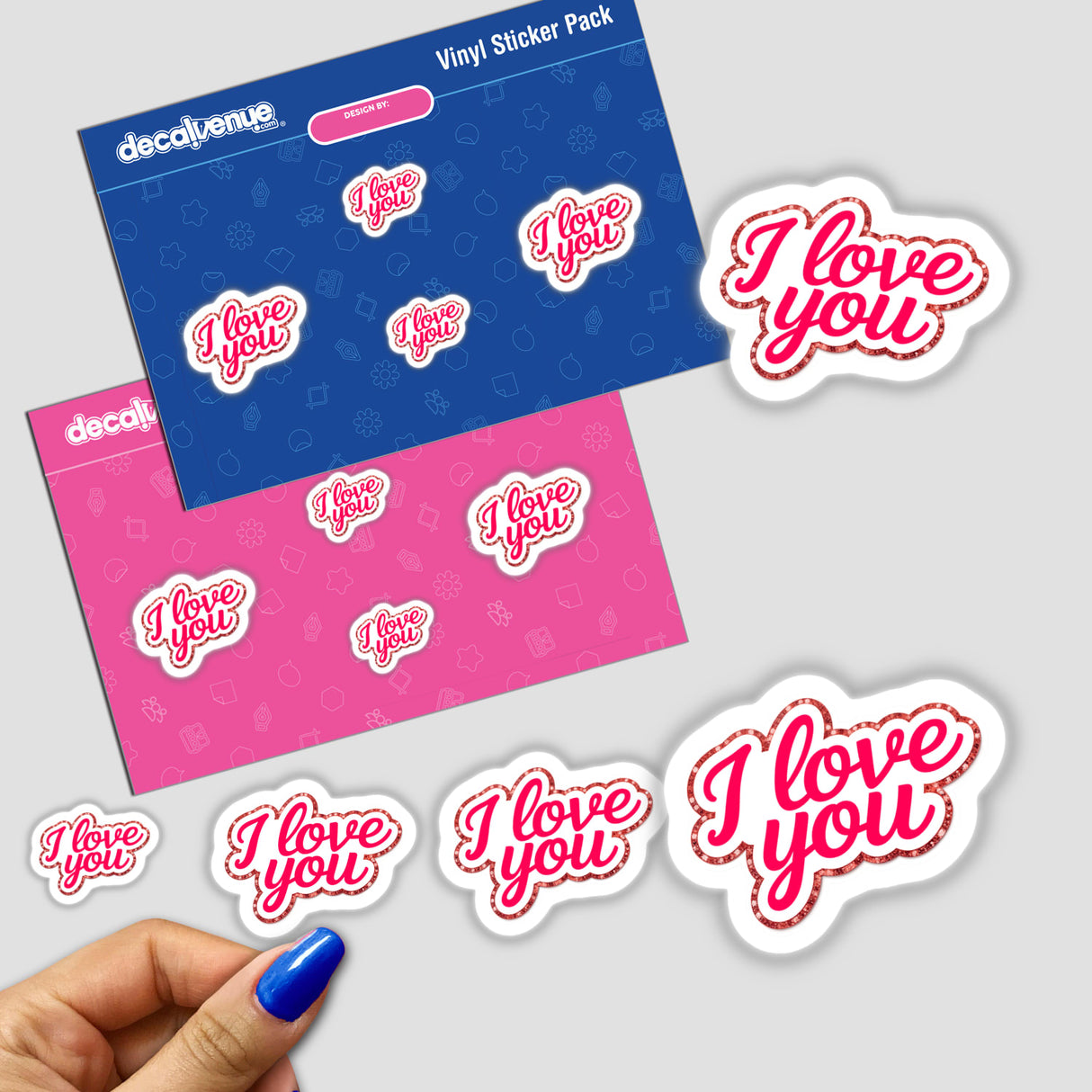 Hand holding I Love You stickers, featuring various designs and text styles, available as stickers or digital artwork from Decal Venue, known for unique sticker collections.