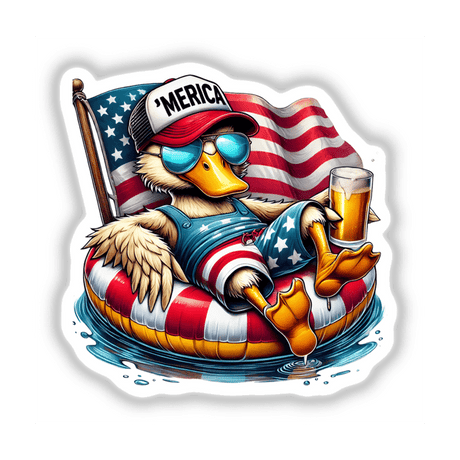 Duck American Flag Float Merica: Cartoon duck wearing sunglasses and a hat, sitting on a float, available as stickers or digital artwork.