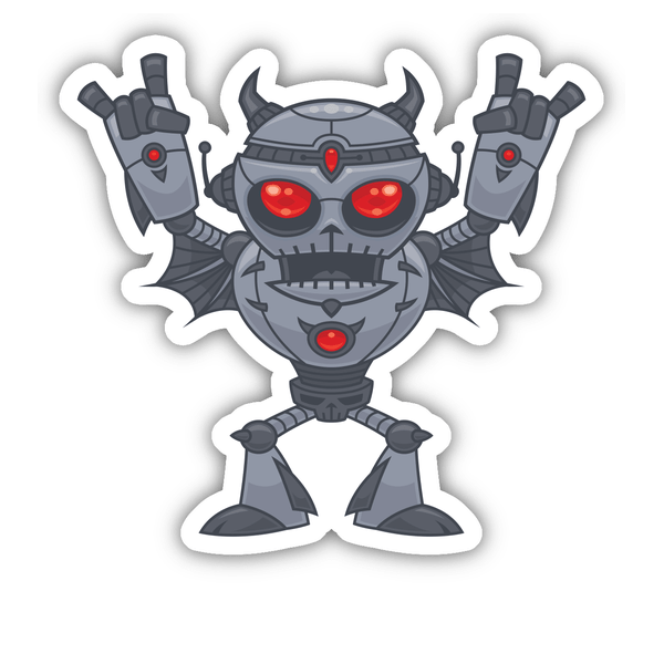 Metalhead - Heavy Metal Robot Devil sticker, featuring a cartoon robot with horns and wings, available in a sticker pack or as individual stickers, reflecting Decal Venue's unique artistic style.