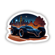 Futuristic Electric Race Car sticker or digital art, featuring sleek design and detailed wheel close-up, set against a city skyline.