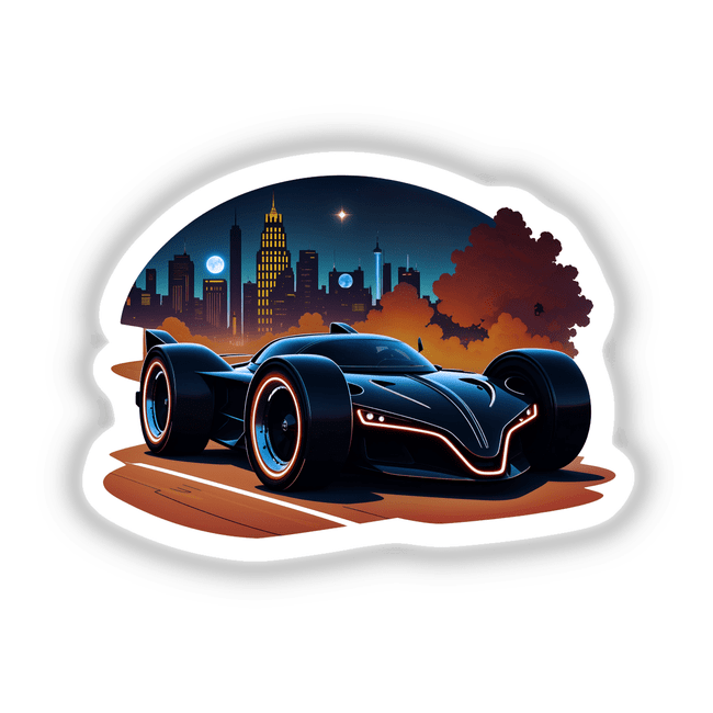Futuristic Electric Race Car sticker or digital art, featuring sleek design and detailed wheel close-up, set against a city skyline.