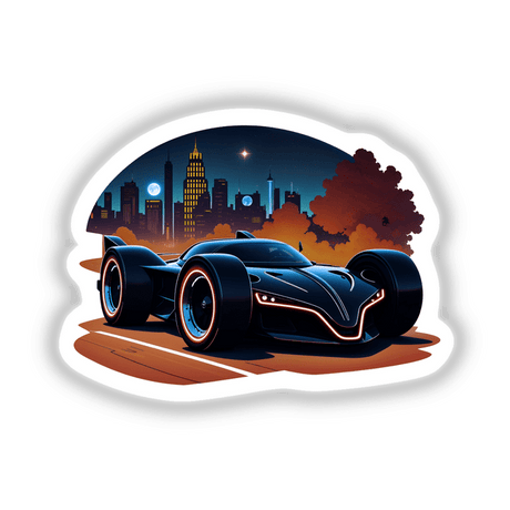 Futuristic Electric Race Car sticker or digital art, featuring sleek design and detailed wheel close-up, set against a city skyline.