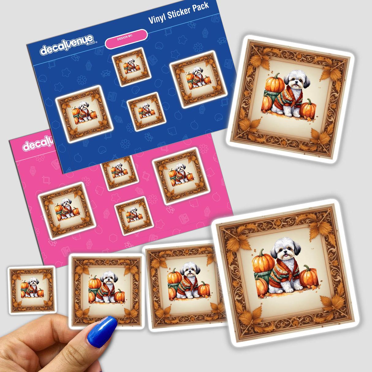 Adorable Fall Aesthetic Shichon Clipart featuring a dog with pumpkins, available as stickers or digital artwork. Perfect for adding a cozy, festive touch to your projects.