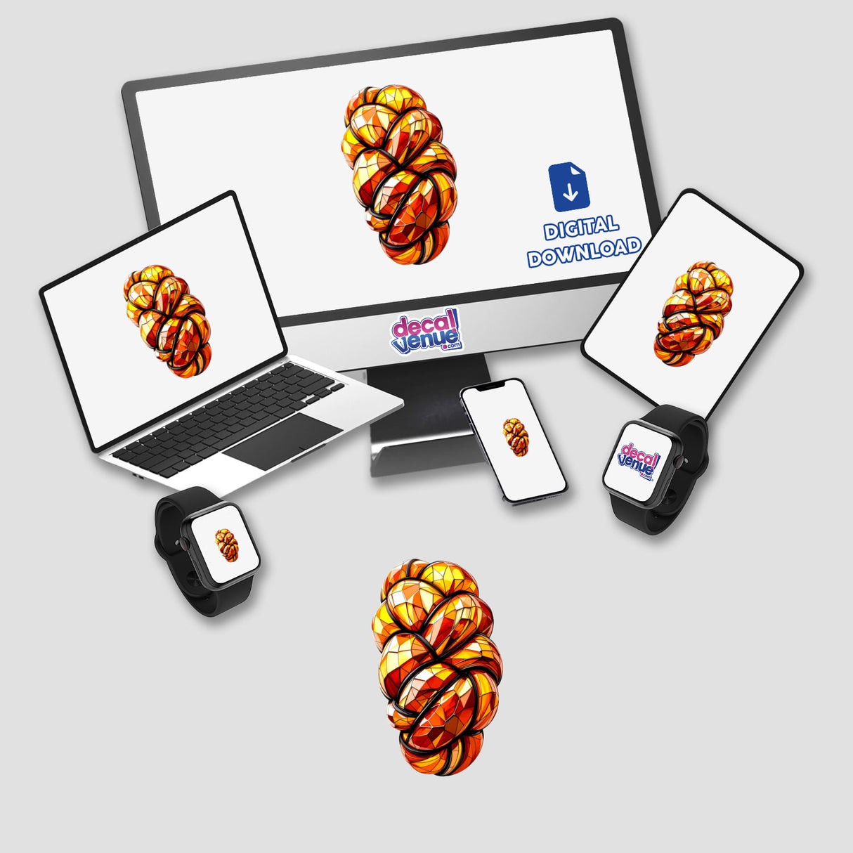 Challah Bread Stained Glass Style depicted on a computer screen, alongside a laptop and smartwatch, available as unique stickers or digital artwork from Decal Venue.