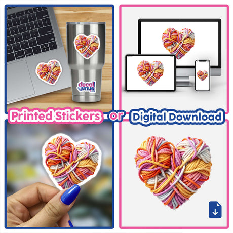 Yarn Heart collage featuring heart shapes made of yarn, available as stickers or digital artwork, highlighting unique designs from Decal Venue.