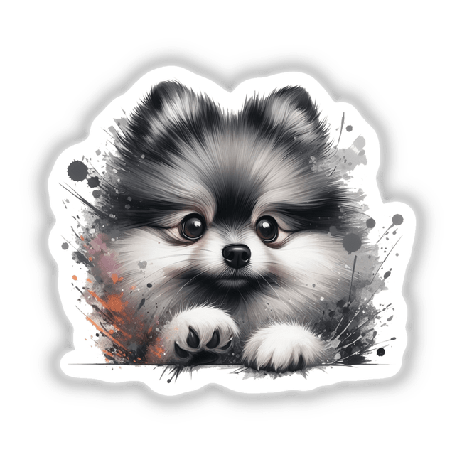 Peeking Sable Wolf Pomeranian, a fluffy white dog with a splash of paint effect, available as vibrant stickers or digital artwork, showcasing its expressive nose and eye in detail.