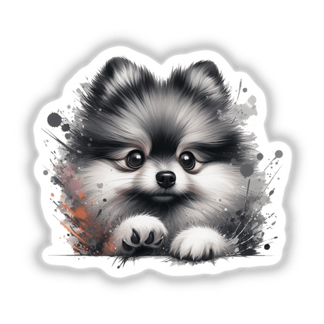 Peeking Sable Wolf Pomeranian, a fluffy white dog with a splash of paint effect, available as vibrant stickers or digital artwork, showcasing its expressive nose and eye in detail.