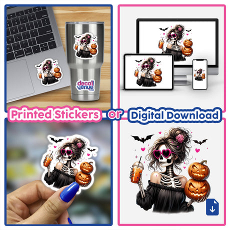Spooky Halloween Skeleton Mama with Pumpkins II - Unique digital artwork and printable stickers available from Decal Venue, featuring a creepy yet charming skeletal figure holding jack-o'-lanterns.