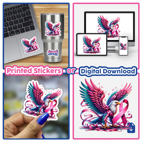 Majestic Eagle Pink Ribbon Breast Cancer Awareness sticker features a colorful eagle intertwined with a pink ribbon, representing awareness. Available as a unique vinyl sticker or digital artwork from Decal Venue.