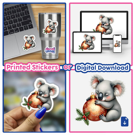 Koala Sleeping on Christmas Ornament sticker displayed on a laptop, featuring a playful koala hugging a festive ornament. Available as stickers or digital artwork from Decal Venue.
