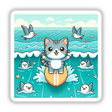 Surfing cat - Playful feline riding a wave surrounded by whimsical seabirds, in a colorful digital illustration.