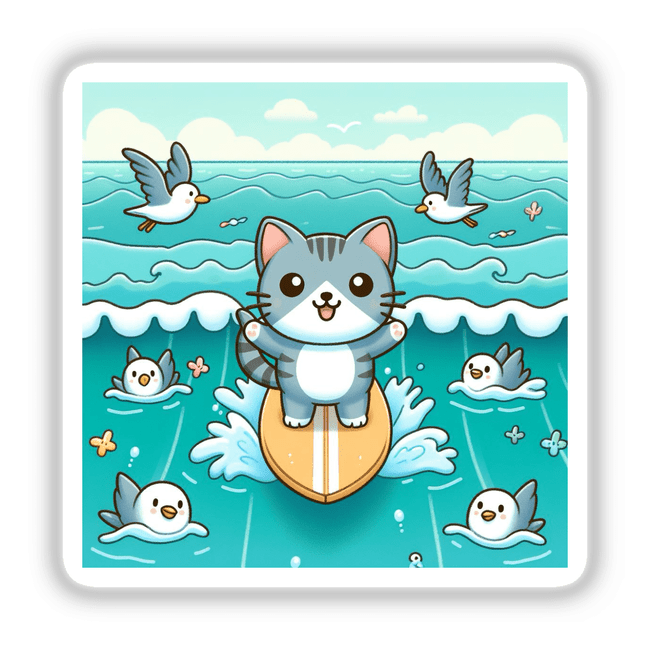 Surfing cat - Playful feline riding a wave surrounded by whimsical seabirds, in a colorful digital illustration.