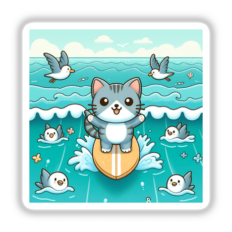 Surfing cat - Playful feline riding a wave surrounded by whimsical seabirds, in a colorful digital illustration.