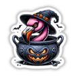 Colorful flamingo peeking out of spooky Halloween cauldron with bats