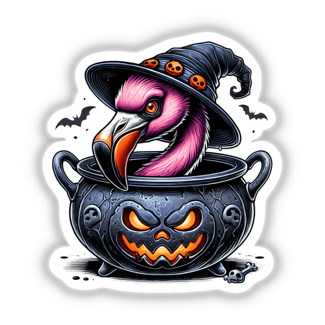 Colorful flamingo peeking out of spooky Halloween cauldron with bats