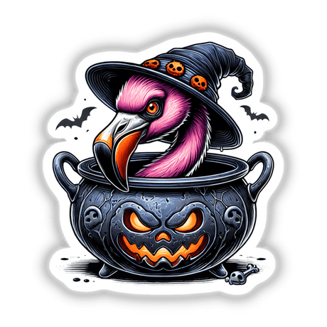 Colorful flamingo peeking out of spooky Halloween cauldron with bats