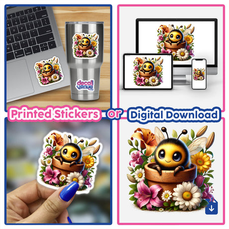 Cute cartoon bumblebee peeking out of a flower pot, surrounded by colorful flowers and floral elements. The image can be used as printed stickers or digital downloads to express your unique style.