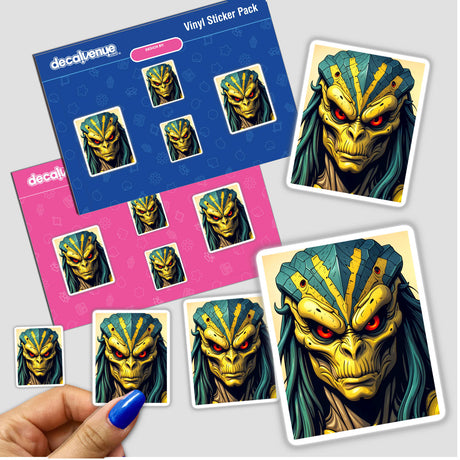 A Cool Alien Predator Soldier sticker featuring a cartoon monster and alien faces in various designs, available as unique vinyl stickers or digital artwork from Decal Venue.