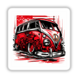 Vibrant red vintage Volkswagen bus with a bold skull and crossbone pattern, against a dynamic red and white background. The retro vehicle is the focal point of this digital artwork featuring intricate details and a striking design.