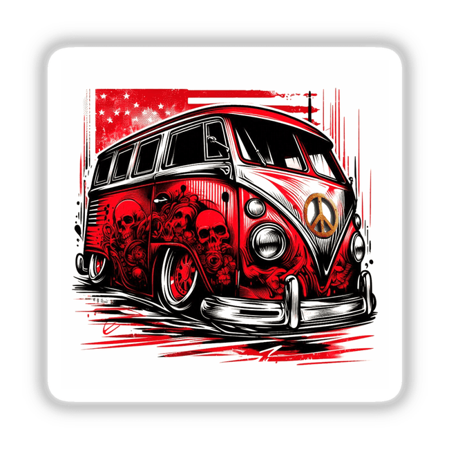 Vibrant red vintage Volkswagen bus with a bold skull and crossbone pattern, against a dynamic red and white background. The retro vehicle is the focal point of this digital artwork featuring intricate details and a striking design.