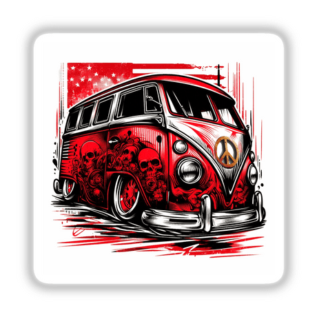 Vibrant red vintage Volkswagen bus with a bold skull and crossbone pattern, against a dynamic red and white background. The retro vehicle is the focal point of this digital artwork featuring intricate details and a striking design.