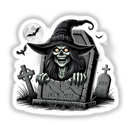Chilling Halloween witch emerging from tombstone, black hat and spooky glowing eyes, gothic graveyard scene with full moon and bats.