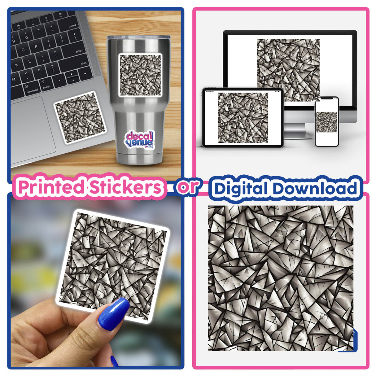 Stylish Geometric Clipart Pattern | Stickers or Commercial Use Download: A collage showcasing laptops with geometric sticker designs, highlighting unique digital artwork available at Decal Venue.