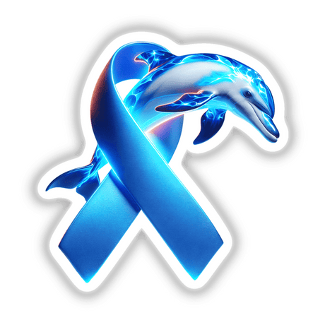 Dolphin Colon Cancer Awareness Blue Ribbon features a stylized dolphin design in electric blue, available as stickers or digital artwork, representing support and awareness.
