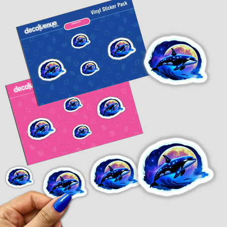 Sticker featuring A Cute Magical Orca, depicting a whimsical whale swimming in the ocean. Available as a unique vinyl sticker or digital artwork from Decal Venue.