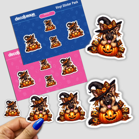 Trick Or Treat Halloween German Shepherd Dog - Colorful digital artwork stickers featuring a happy German Shepherd dog dressed in a Halloween costume, sitting on a pumpkin against a festive backdrop.