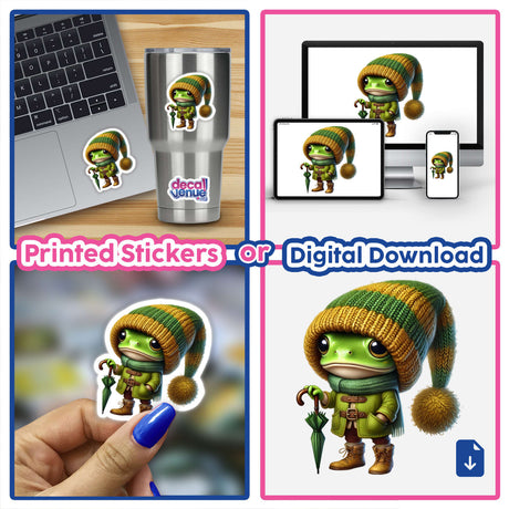 Collage featuring Frog Gnome with Umbrella stickers and digital art, showcasing a cartoon frog wearing a hat and holding an umbrella, reflecting Decal Venue's unique sticker and digital art offerings.