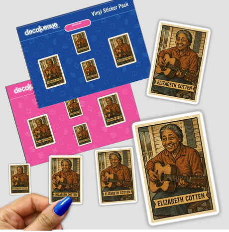 Elizabeth Cotten Vintage Trading Card Sticker & Wall Art features her smiling with a left-handed guitar on a porch, available as a 16x24” digital download and stickers up to 6”.