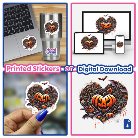 Scary heart-shaped pumpkin Halloween digital artwork featuring intricate designs and pumpkins, available as printed stickers or digital downloads from DecalVenue.